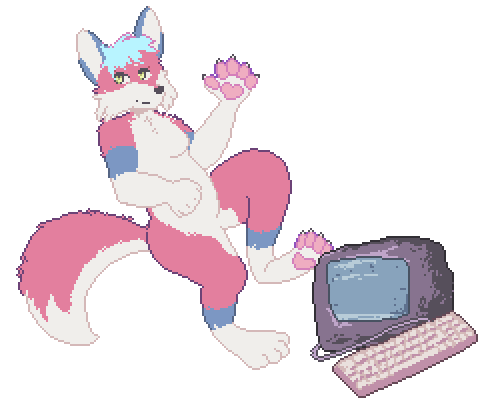 Pixel art of fox keeri waving at the website visitor. One of their hindpaws rests atop an old monitor. A computer keyboard is leaning on the monitor.