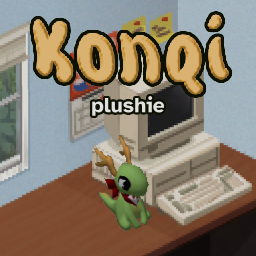 Steam Workshop thumbnail showing a plushie of the KDE mascot – cute dragon Konqi – sitting atop a desk, next to a 1990s computer!