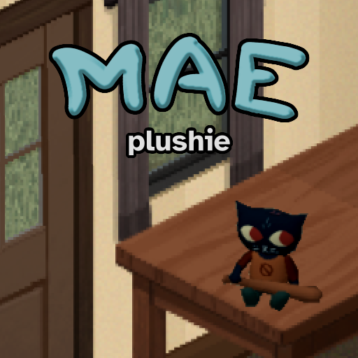 Steam Workshop thumbnail showing a plushie of Mae Borowski – from Night in the Woods videogame – sitting by the window, atop a wooden table, one paw resting on a prop baseball bat.