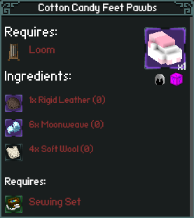 item crafting recipe for "Cotton Candy Feet Pawbs"